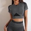 Conjunto de Yoga Plissado Europeu e Americano Sem Costura para Mulheres, Duas Peças, para Fitness ao Ar Livre, Cintura Alta, Modelador, Justo, Manga Curta
