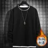 Camiseta Masculina de Manga Longa Waffle Inverno Falso Duas Peças Casual Forrada com Fleece Quente Gola Redonda Pulôver Camisa Base Suéter