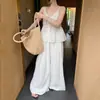 Conjunto de duas peças da moda e versátil estilo coreano, top rosa suave de nicho com decote V e amarração + calça casual de perna larga para meninas