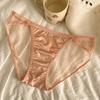 Roupa Íntima Sexy de Cetim Japonês Feminina com Renda e Malha Transparente, Forro de Algodão Puro na Virilha, Sem Costura, Cintura Baixa, Calcinha com Tira Fina para Meninas