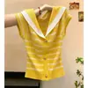 Top de punto de manga corta con cuello a rayas azul marino para mujer, nuevo estilo de verano, versátil, rejuvenecedor, adelgazante, top elegante, color de la foto, talla única