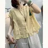 Chal de Ramio con Encaje de Retazos Cuello en V Manga Corta Verano Nuevo Holgado Camisa para Mujer Top Reductor de Edad