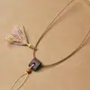 Cordón de Lanyard Tejido Asimétrico Hecho a Mano con Cordón de Cera para Mujeres Colgante Dorado Jade Esmeralda Cordón para Collar Colgante Retro