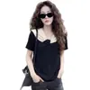 Camiseta de moda estilo francés para mujer, talla extra, cuello en V, manga corta, bloques de color, para verano, adelgazante, oculta la barriga, corte ajustado, top versátil de patchwork