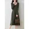 Vestido 100% Lana Otoño e Invierno para Mujer de Longitud Media Cuello en U Grande Falda Suéter de Rodilla Ajustado Base Ajustada Falda Línea A