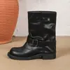 Botas de Motociclista, Botines, Botas plisadas de media pantorrilla para mujer, Estilo retro con tacones gruesos de 4 cm, Hebilla de cinturón, Botas apiladas, Botines para mujer, Otoño