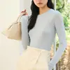 26 Camiseta Base Simple Estilo Coreano Primavera/Verano Cuello Redondo Tejida Color Sólido Corte Ajustado Manga Larga Capa Interior Top Color Sólido para Mujer