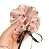 Scrunchie de Cetim com Bolinhas Rosa com Laço e Fita, Prendedor de Cabelo Estilo Ballet Ultra-Fada, Acessório de Cabelo Elástico para Mulheres