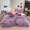 Juego de Cama de Cuatro Piezas de Algodón Lavado Clase A para Dormir Desnudo en la Cama, Funda Nórdica de Lino Color Sólido, Sábana Plana, Sábana Ajustable, Juego de Tres Piezas para Dormitorio Estudiantil