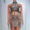 Traje de Moda Sexy de Comercio Exterior con Top Mini de Escote Halter sin Espalda con Diamantes + Falda Ajustada