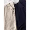 Camisa Polo de Ombro Reto Estilo Retro Japonês Camiseta de Manga Curta para Mulheres, Top de Malha de Seda Gelada Casual Versátil Solto de Verão com Gola Lapela