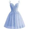 Vestido de Noite Azul Curto Transfronteiriço Banquete de Aniversário Alça Vestido de Princesa Vestido de Apresentação Vestido de Renda e Tule