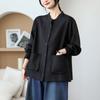 Camisa de Linho Manga Longa Vintage com Gola Alta Plus Size para Mulheres, Caimento Solto, Emagrecimento, Versátil, Casual, Jaqueta Cardigan com Bolso Grande