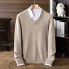 Suéter de punto de lana 100% de punto grueso de calibre 9, 430 g, color liso nuevo, de manga larga, cuello en V