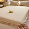 Juego de Sábana Bajera de Algodón Lavado, Protector de Colchón a Rayas y Cuadros Estilo Japonés de Tres Piezas, Cubre Cama Liso de Cobertura Total de Color Sólido
