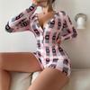Mono Ajustado Sexy Transfronterizo Europeo y Americano de Shopify, Cuello en V Profundo, Lazo, Estampado a Cuadros, Mangas Largas, Pijama de una Pieza