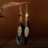Pendientes Bohemios de Hoja y Pluma, Estilo Étnico Retro, Pendientes Elegantes de Alta Gama, Joyería Larga con Cadena y Gancho para Orejas para Mujeres