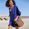 Blusa de Playa de Algodón con Textura de Estilo Nuevo Europeo y Americano Transfronteriza con Cuello en V para Bikini, Cubierta Exterior para Montar, Protector Solar para Mujer de Vacaciones