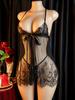 Lingerie Sexy Transfronteiriça Camisola Sexy com Suspensório Renda Transparente Suspensório Fenda Saia Curta Pijama Conjunto Roupa de Casa Feminina