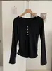 Kekezoon Henry Gola Meio Abotoada Cintura Marcada com Pregas Manga Longa Camiseta Outono Novo Slim Fit Top 8364