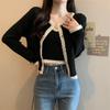 Terno suéter estilo Chanel de cor contrastante pequeno 2024, blusa curta feminina de duas peças, camisola e cardigan de malha