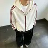 Moletom com capuz listrado estilo americano para homens, estilo faculdade de outono, jaqueta solta para casais, cardigã esportivo moderno