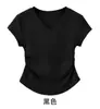 Camiseta Regular de Manga Curta com Pequenas Mangas Bufantes, Gola V e Clavícula Exposta, Tecido 100% Algodão de Alta Elasticidade, Cor Azul Claro, Cintura Marcada com Pregas, Top Sexy