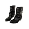 Botas de montar de tacón grueso para mujer, retro, adelgazantes, holgadas, de media pantorrilla, hebilla de cinturón plisada, botines de tacón alto, botas de pierna de pantalón suaves para chica picante