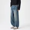 Jeans para hombre estilo coreano, corte recto Clanfit, nuevo modelo otoño/invierno, lavados, básicos simples versátiles azul medio