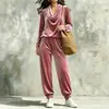 Conjunto de Moda Feminina Casual Europeia e Americana Outono/Inverno 2026: Blusa com Gola Drapeada de Manga Longa e Calça Jogger para Amazon Transfronteiriça