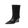 Botas de Caballero con Tacón de Cuña para Mujer, Botas Largas Rectas de Tacón Alto, Nuevo Modelo de Invierno, Piel de Vaca de Capa Superior, Punta Puntiaguda, Botas de Caña Alta sin Cierre
