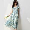 Estilo Nuevo de Verano Vestido Largo Floral Azul con Margaritas Estilo Francés para la Hora del Té con Cuello Cuadrado, Mangas Abullonadas y Cintura Ceñida 15343