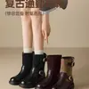 Botas retrô color block de cano médio para mulheres, nova coleção outono/inverno 2026, salto grosso, efeito emagrecedor, botas de salto bloco, estilo cavaleiro, forradas com fleece, botas Martin