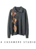 Suéter de cachemira con patrón de rombos estilo universitario para mujer, con cuello polo, cierre de media botón y diseño de punto, perfecto como capa base para otoño e invierno.