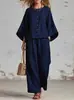 Traje casual de dos piezas holgado estilo europeo, top elegante de manga siete, pantalón de pierna ancha, ropa casual multicolor para mujer
