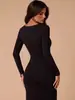 Vestido de encaje con cuello en V, estilo europeo y americano, nuevo, sexy, de manga larga, corte ajustado, que realza la figura y con cola de pez.