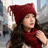 Gorro Cálido de Orejas de Gato con Borlas para Otoño e Invierno para Mujer, Gorro de Lana de Comercio Exterior Transfronterizo, Gorro Versátil para el Frío, Lindo Gorro de Punto para Estudiantes
