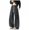 2026 Calça de Moletom Azul Escuro Estilo Americano Estampa de Estrelas Masculina Tie-dye Cós 3D Calças Casuais Cleanfit Calças de Perna Larga