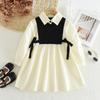 Vestido Novo para Meninas Primavera e Outono Transfronteiriço, Vestido Patchwork Doce com Laço Estilo Coreano, Camisa Vestido de Manga Longa com Gola Reversível
