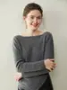 Suéter de Caxemira Gola Redonda Top Ajustado Pulôver Feminino Outono Inverno Tricô Camada Base Cor Sólida Manga Longa
