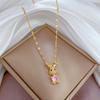 [Acero de Titanio] Lujo Ligero Conejo Rosa Lleno de Zirconio Incrustado con Oro Real Collar para Mujer Transferencia Ins Popular Cadena Clavícula Accesorios