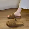 Chinelos Peludos Bordados com Letras para Mulheres, Uso Externo de Outono, Estilo Preguiçoso Vintage, Chinelos de Algodão Casuais para Casa com Solado Grosso