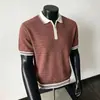 Camisa Polo de Punto de Seda Helada con Bloques de Color Transparente Transfronteriza Europea y Americana para Hombre, Manga Corta, Cierre de Cremallera, Texturizada, Estilo Maduro Ropa para Hombre