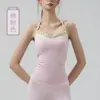 Top tipo camisola de cuello halter para mujer, estilo americano sexy de encaje, imitación de dos piezas, top de tirantes para yoga con copas fijas, ropa de fitness