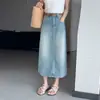 Saia Midi Jeans Simples Reta de Cintura Alta Feminina Emagrecedora Versátil Saia Jeans Midi em Linha A