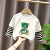 Camiseta de manga larga con estampado de dibujos animados, elegante y linda, estilo coreano, para bebés niños, ropa de otoño, algodón puro, retazos, imitación de dos piezas
