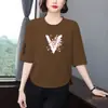 Liquidación de la Tienda: Camiseta Estampada Estilo Mamá con Mangas Tres Cuartos para Mujeres de Mediana Edad y Mayores, Corte Holgado, Adelgazante, Oculta el Vientre, Versátil, Top que Reduce la Edad