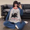 Pijama Cartoon Solto Novo para Mulheres no Outono, Fofo e Versátil Gola Redonda Tricô Imitação de Algodão Conjunto de Roupa para Casa Outono e Inverno