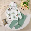Conjunto de Sudadera con Capucha y Pantalones Largos Verdes con Estampado Floral Fresco para Bebé Niña