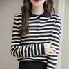 Camisa básica estilosa de algodão puro tricotado, nova para primavera e outono, com listras, gola polo, modelagem solta e casual, de manga longa, para mulheres